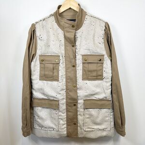 Boston Proper Jacket Women’s Large Beige Sequin Embellished Puff Sleeve Utility